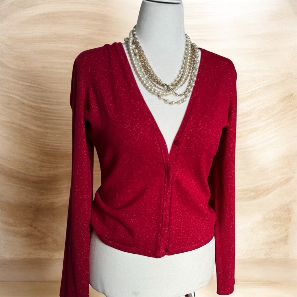 INC International Concepts Red Metallic V-Neck Cardigan Sweater